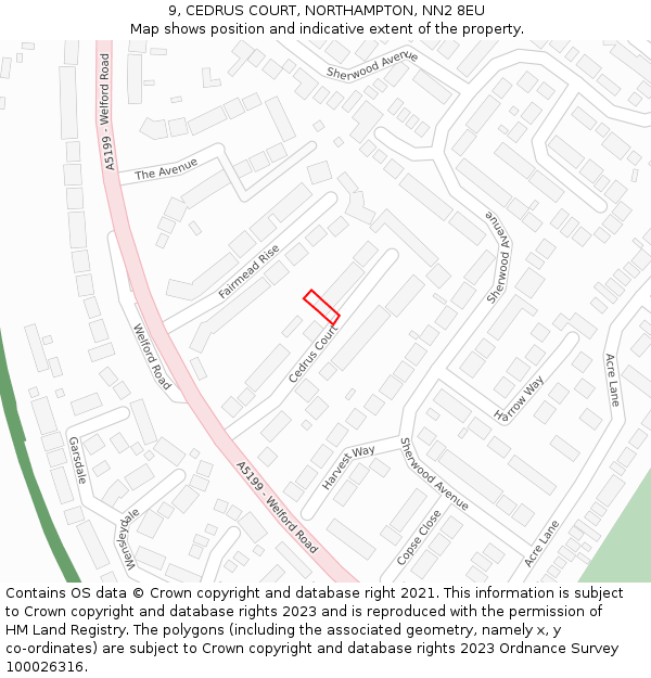 9, CEDRUS COURT, NORTHAMPTON, NN2 8EU: Location map and indicative extent of plot
