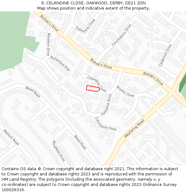 9, CELANDINE CLOSE, OAKWOOD, DERBY, DE21 2DN: Location map and indicative extent of plot
