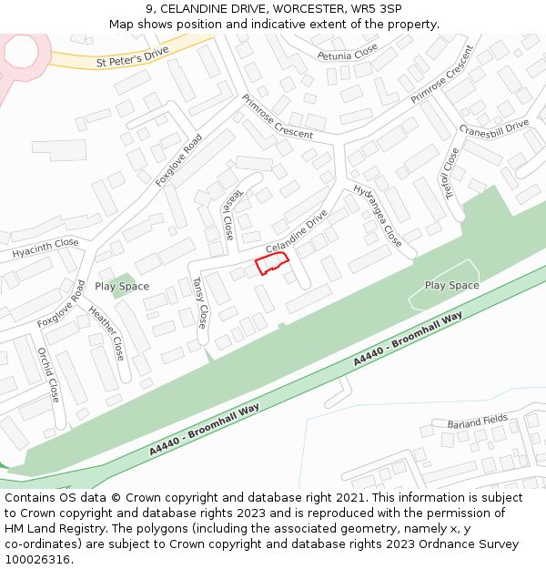 9, CELANDINE DRIVE, WORCESTER, WR5 3SP: Location map and indicative extent of plot