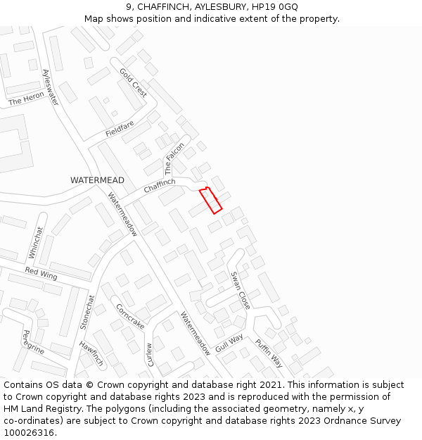 9, CHAFFINCH, AYLESBURY, HP19 0GQ: Location map and indicative extent of plot