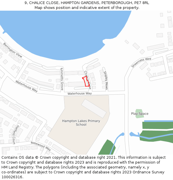 9, CHALICE CLOSE, HAMPTON GARDENS, PETERBOROUGH, PE7 8RL: Location map and indicative extent of plot