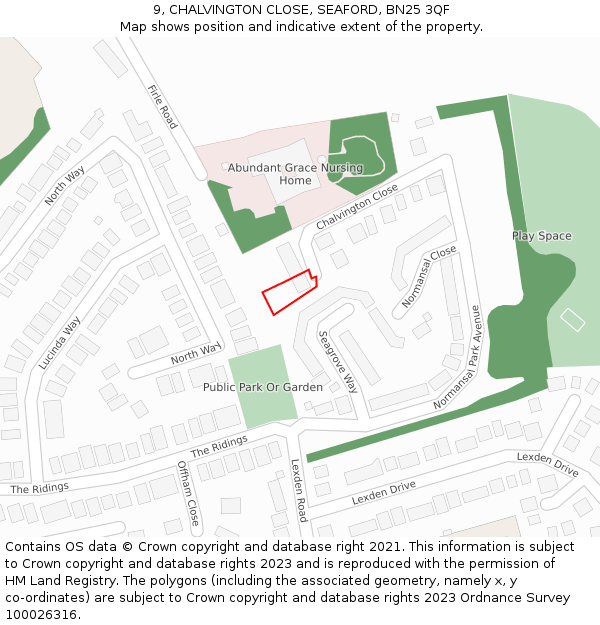 9, CHALVINGTON CLOSE, SEAFORD, BN25 3QF: Location map and indicative extent of plot