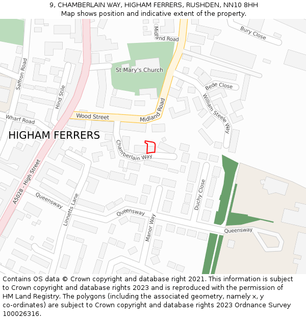9, CHAMBERLAIN WAY, HIGHAM FERRERS, RUSHDEN, NN10 8HH: Location map and indicative extent of plot