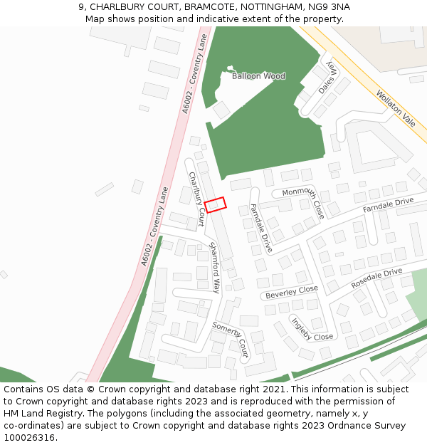 9, CHARLBURY COURT, BRAMCOTE, NOTTINGHAM, NG9 3NA: Location map and indicative extent of plot