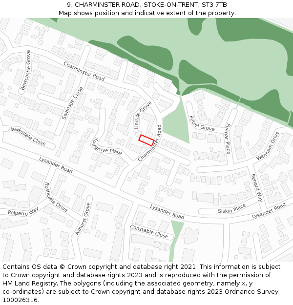 9, CHARMINSTER ROAD, STOKE-ON-TRENT, ST3 7TB: Location map and indicative extent of plot