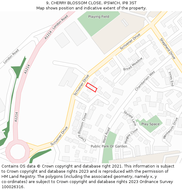 9, CHERRY BLOSSOM CLOSE, IPSWICH, IP8 3ST: Location map and indicative extent of plot