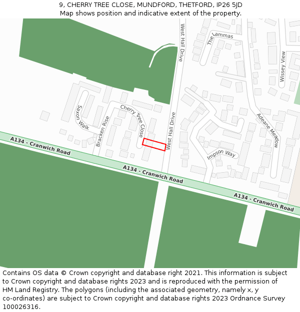 9, CHERRY TREE CLOSE, MUNDFORD, THETFORD, IP26 5JD: Location map and indicative extent of plot