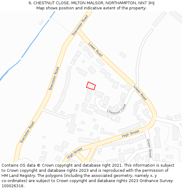 9, CHESTNUT CLOSE, MILTON MALSOR, NORTHAMPTON, NN7 3HJ: Location map and indicative extent of plot