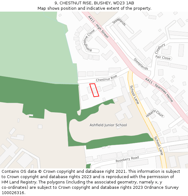 9, CHESTNUT RISE, BUSHEY, WD23 1AB: Location map and indicative extent of plot