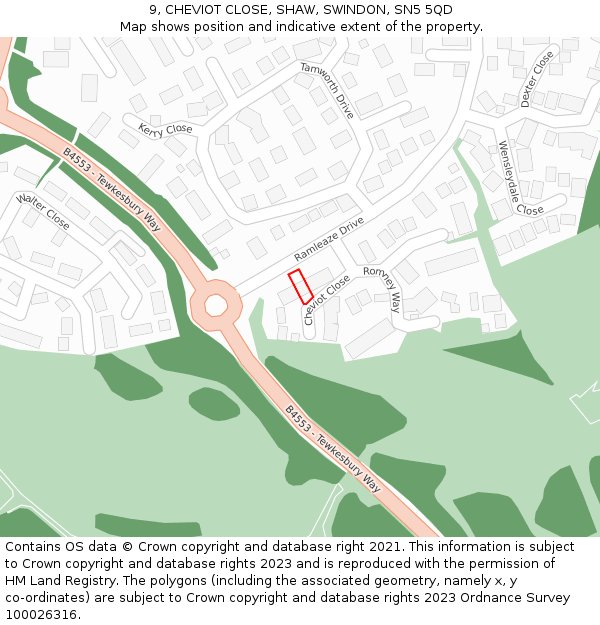 9, CHEVIOT CLOSE, SHAW, SWINDON, SN5 5QD: Location map and indicative extent of plot