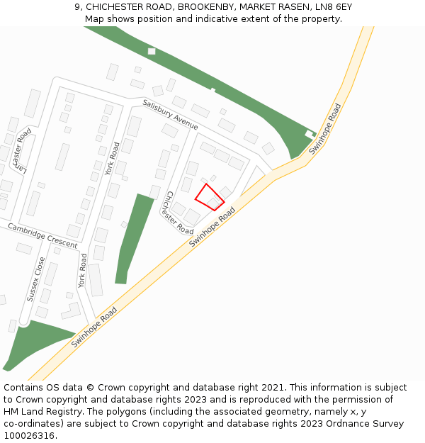 9, CHICHESTER ROAD, BROOKENBY, MARKET RASEN, LN8 6EY: Location map and indicative extent of plot