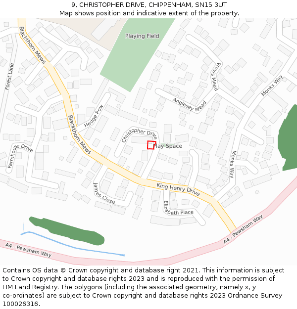 9, CHRISTOPHER DRIVE, CHIPPENHAM, SN15 3UT: Location map and indicative extent of plot