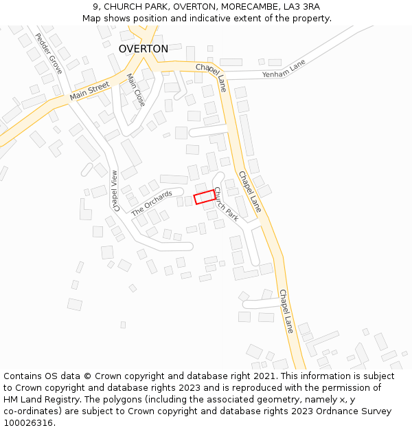 9, CHURCH PARK, OVERTON, MORECAMBE, LA3 3RA: Location map and indicative extent of plot