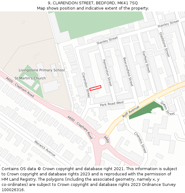 9, CLARENDON STREET, BEDFORD, MK41 7SQ: Location map and indicative extent of plot