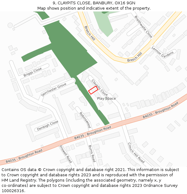 9, CLAYPITS CLOSE, BANBURY, OX16 9GN: Location map and indicative extent of plot