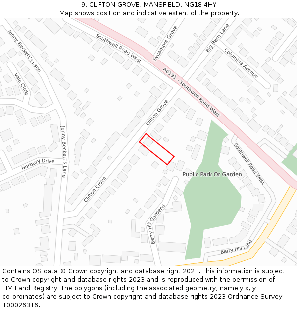 9, CLIFTON GROVE, MANSFIELD, NG18 4HY: Location map and indicative extent of plot