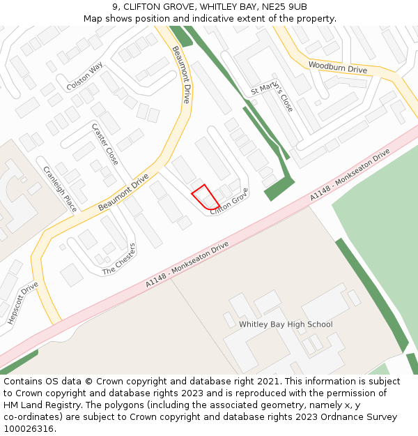 9, CLIFTON GROVE, WHITLEY BAY, NE25 9UB: Location map and indicative extent of plot
