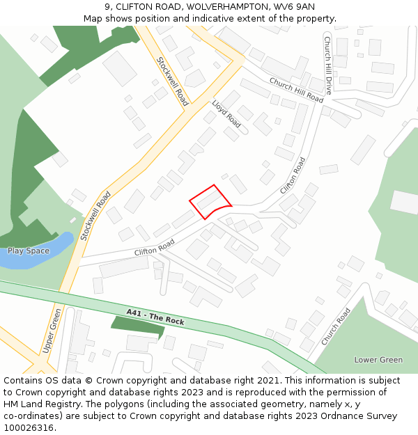 9, CLIFTON ROAD, WOLVERHAMPTON, WV6 9AN: Location map and indicative extent of plot