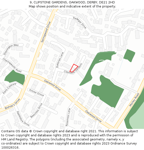 9, CLIPSTONE GARDENS, OAKWOOD, DERBY, DE21 2HD: Location map and indicative extent of plot