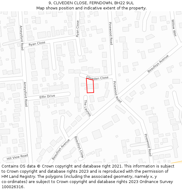 9, CLIVEDEN CLOSE, FERNDOWN, BH22 9UL: Location map and indicative extent of plot