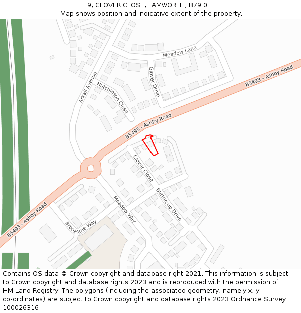 9, CLOVER CLOSE, TAMWORTH, B79 0EF: Location map and indicative extent of plot