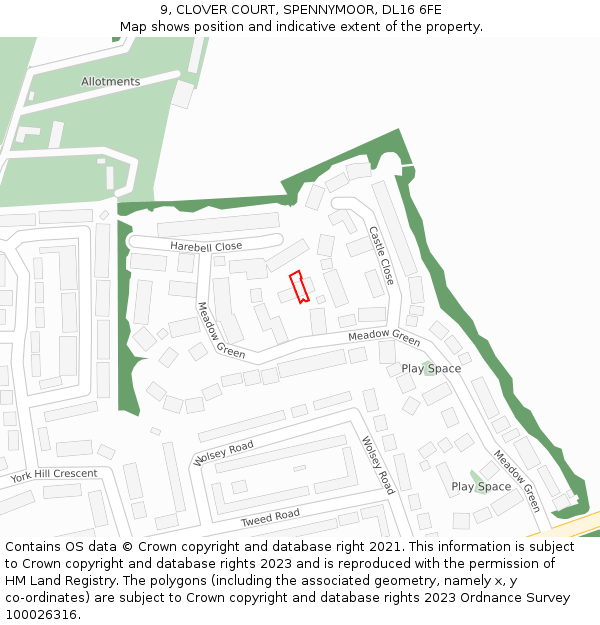 9, CLOVER COURT, SPENNYMOOR, DL16 6FE: Location map and indicative extent of plot
