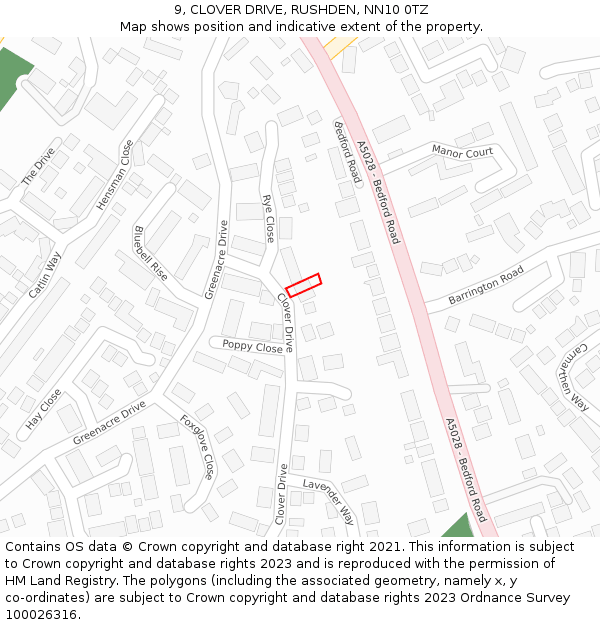 9, CLOVER DRIVE, RUSHDEN, NN10 0TZ: Location map and indicative extent of plot
