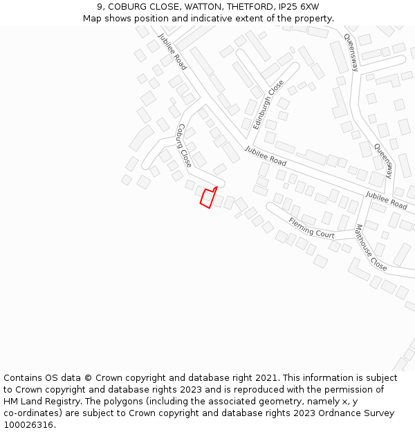 9, COBURG CLOSE, WATTON, THETFORD, IP25 6XW: Location map and indicative extent of plot
