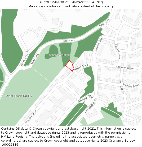 9, COLEMAN DRIVE, LANCASTER, LA1 3FQ: Location map and indicative extent of plot