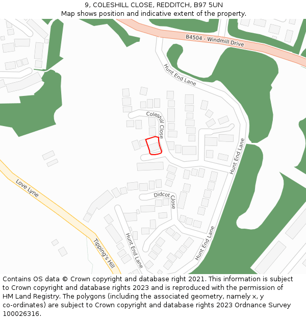 9, COLESHILL CLOSE, REDDITCH, B97 5UN: Location map and indicative extent of plot