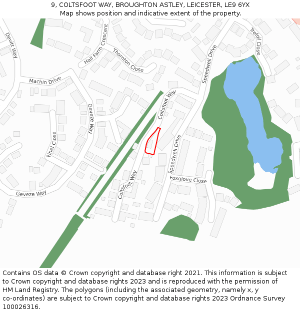 9, COLTSFOOT WAY, BROUGHTON ASTLEY, LEICESTER, LE9 6YX: Location map and indicative extent of plot