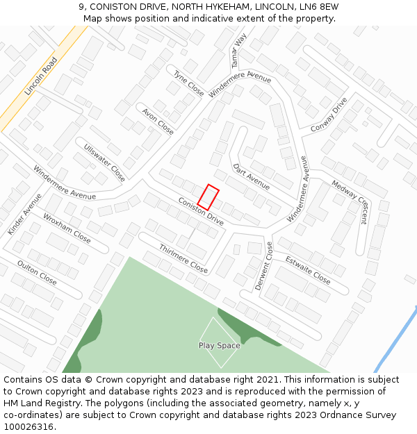 9, CONISTON DRIVE, NORTH HYKEHAM, LINCOLN, LN6 8EW: Location map and indicative extent of plot