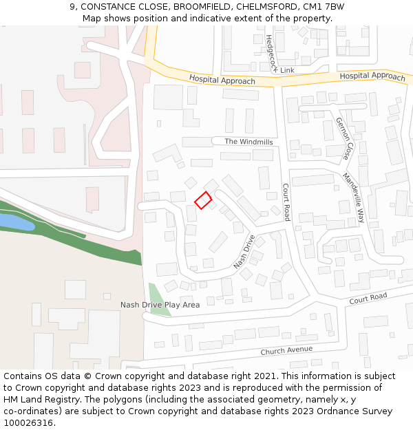 9, CONSTANCE CLOSE, BROOMFIELD, CHELMSFORD, CM1 7BW: Location map and indicative extent of plot