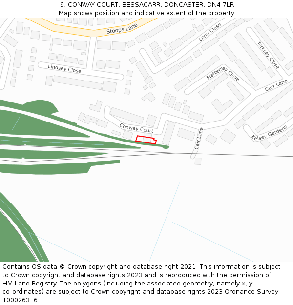 9, CONWAY COURT, BESSACARR, DONCASTER, DN4 7LR: Location map and indicative extent of plot