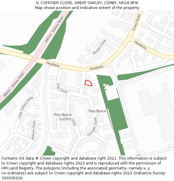 9, CONYGER CLOSE, GREAT OAKLEY, CORBY, NN18 8FW: Location map and indicative extent of plot