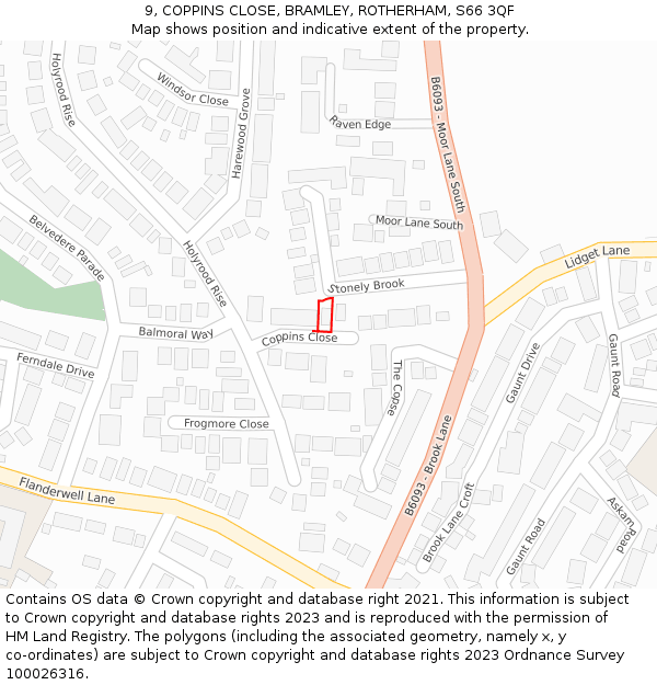 9, COPPINS CLOSE, BRAMLEY, ROTHERHAM, S66 3QF: Location map and indicative extent of plot