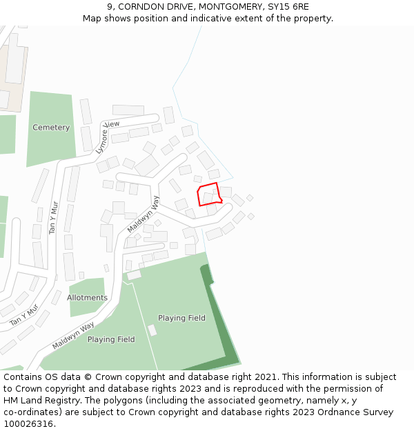 9, CORNDON DRIVE, MONTGOMERY, SY15 6RE: Location map and indicative extent of plot