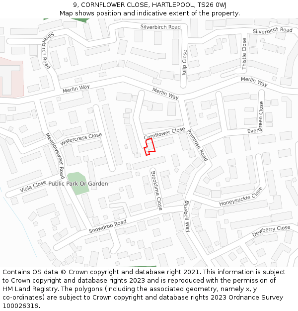 9, CORNFLOWER CLOSE, HARTLEPOOL, TS26 0WJ: Location map and indicative extent of plot