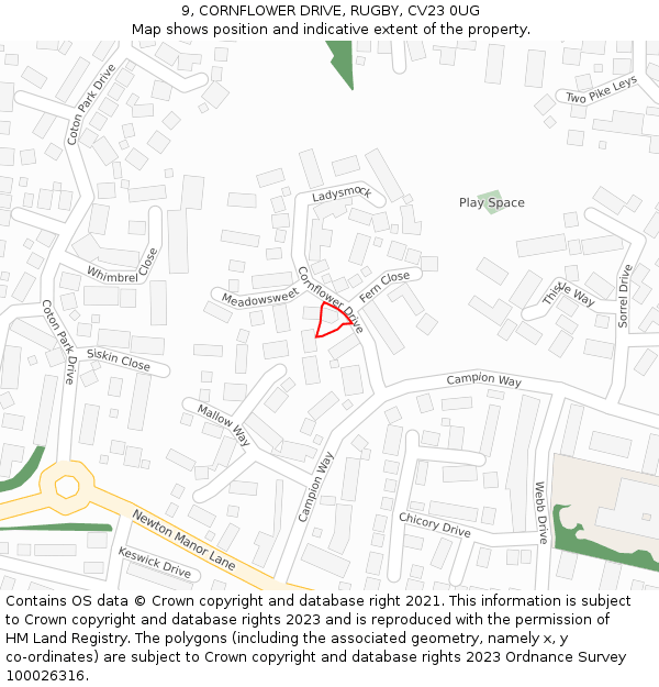 9, CORNFLOWER DRIVE, RUGBY, CV23 0UG: Location map and indicative extent of plot