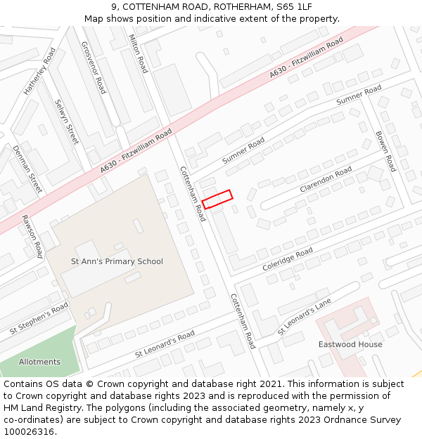 9, COTTENHAM ROAD, ROTHERHAM, S65 1LF: Location map and indicative extent of plot