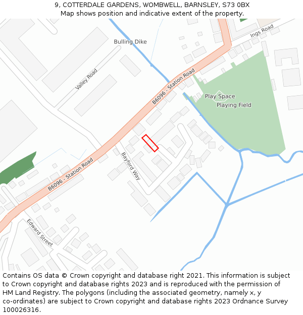 9, COTTERDALE GARDENS, WOMBWELL, BARNSLEY, S73 0BX: Location map and indicative extent of plot