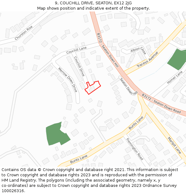 9, COUCHILL DRIVE, SEATON, EX12 2JG: Location map and indicative extent of plot