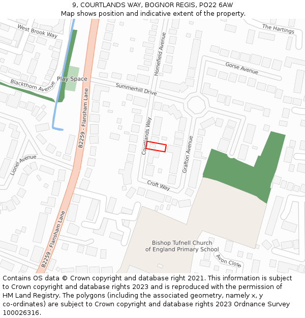 9, COURTLANDS WAY, BOGNOR REGIS, PO22 6AW: Location map and indicative extent of plot