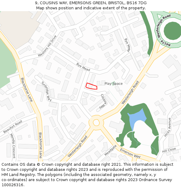9, COUSINS WAY, EMERSONS GREEN, BRISTOL, BS16 7DG: Location map and indicative extent of plot