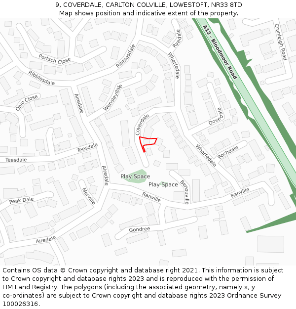 9, COVERDALE, CARLTON COLVILLE, LOWESTOFT, NR33 8TD: Location map and indicative extent of plot