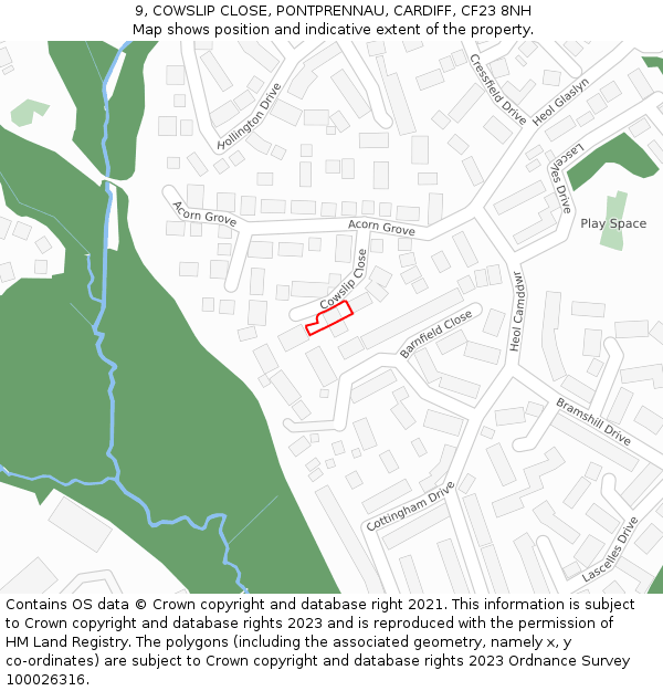 9, COWSLIP CLOSE, PONTPRENNAU, CARDIFF, CF23 8NH: Location map and indicative extent of plot