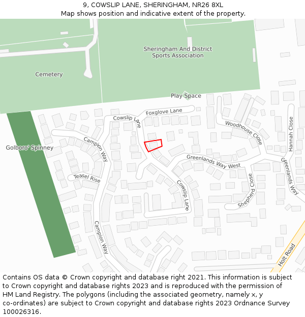 9, COWSLIP LANE, SHERINGHAM, NR26 8XL: Location map and indicative extent of plot