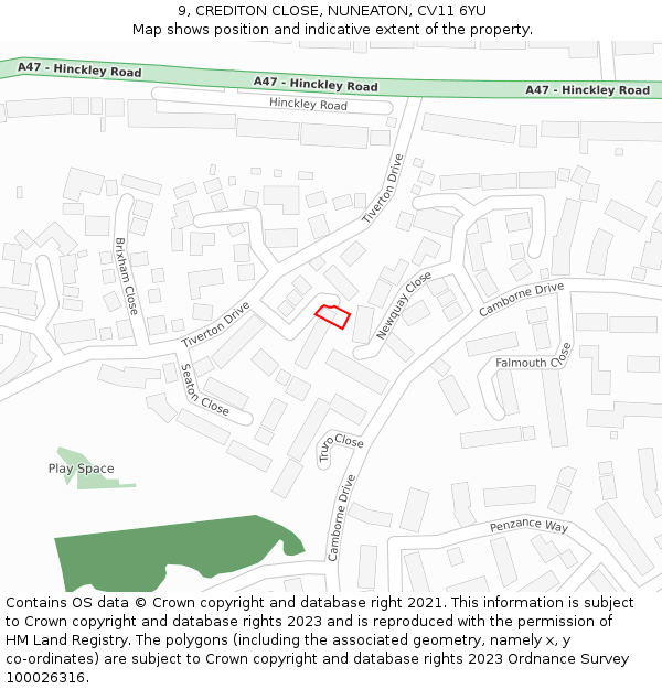 9, CREDITON CLOSE, NUNEATON, CV11 6YU: Location map and indicative extent of plot