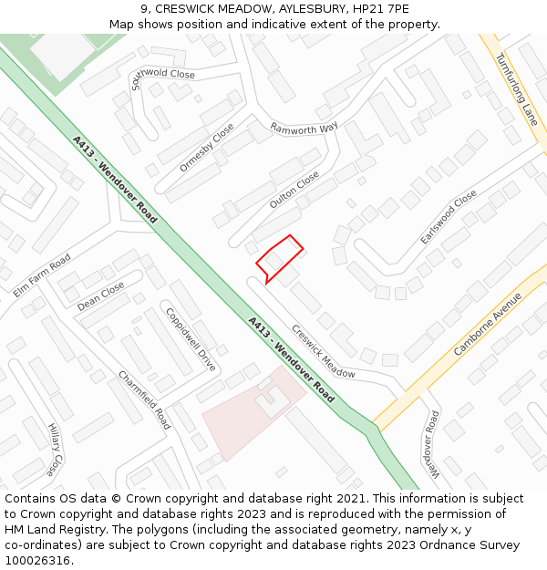 9, CRESWICK MEADOW, AYLESBURY, HP21 7PE: Location map and indicative extent of plot