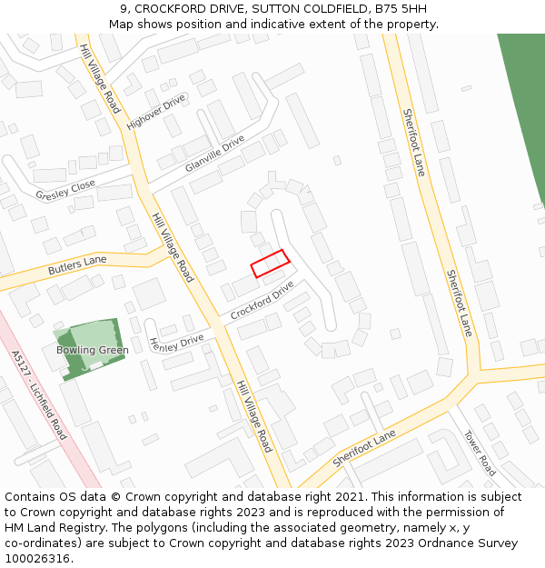 9, CROCKFORD DRIVE, SUTTON COLDFIELD, B75 5HH: Location map and indicative extent of plot
